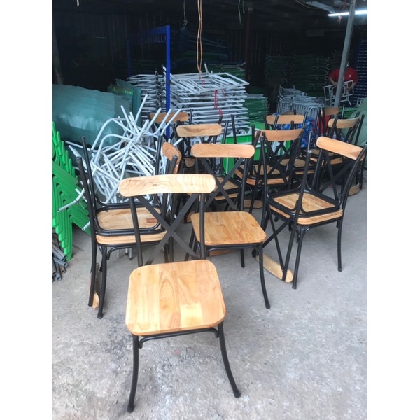 Bộ bàn ghế cafe-ghế chữ X-bàn chân sắt mặt gỗ