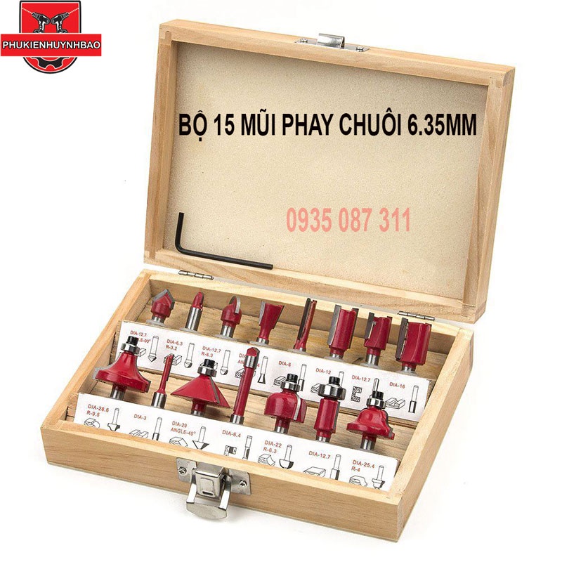 Bộ mũi phay gỗ 15 chi tiết chân 6.35mm