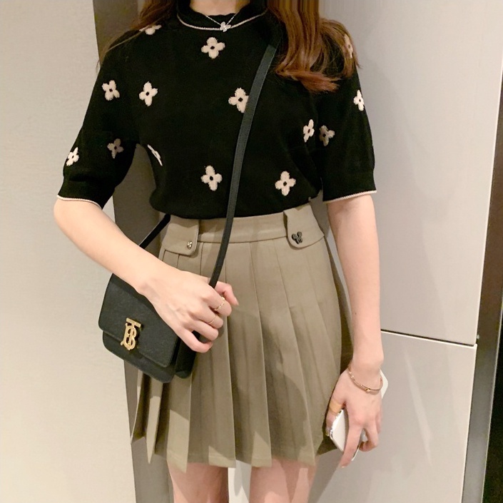 Áo sweater ZHELIHANGFEI cổ tròn tay ngắn thêu hoa màu tương phản phong cách Pháp ngọt ngào dành cho nữ