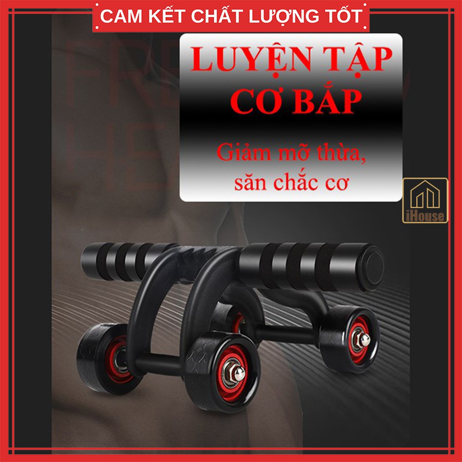 Con lăn tập bụng 4 bánh đa năng, dụng cụ tập cơ bụng 6 múi tại nhà tặng kèm thảm quỳ gối iHouse