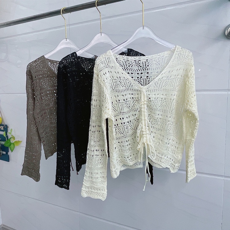 SUXI Áo Dệt Kim Mỏng Tay Dài Cổ Chữ V Phối Dây Rút Phong Cách Hàn Quốc