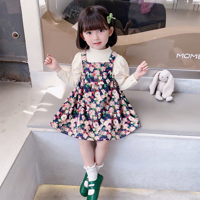 Bộ Áo + Đầm Yếm In Hoa Thời Trang Xuân Thu Phong Cách Phương Tây Mới Cho Bé Gái 0-4 Tuổi