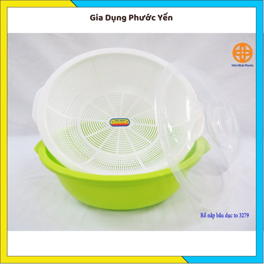 Bộ rổ nhựa kèm chậu có nắp đậy rửa rau hoa quả Việt Nhật size 30cm tiện lợi