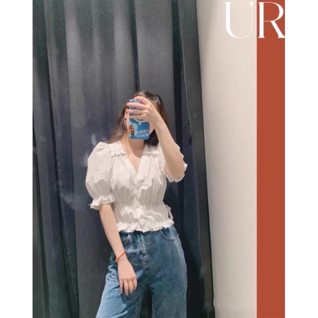 Áo Sơ Mi Croptop Cổ V Bánh Bèo 3 Cúc