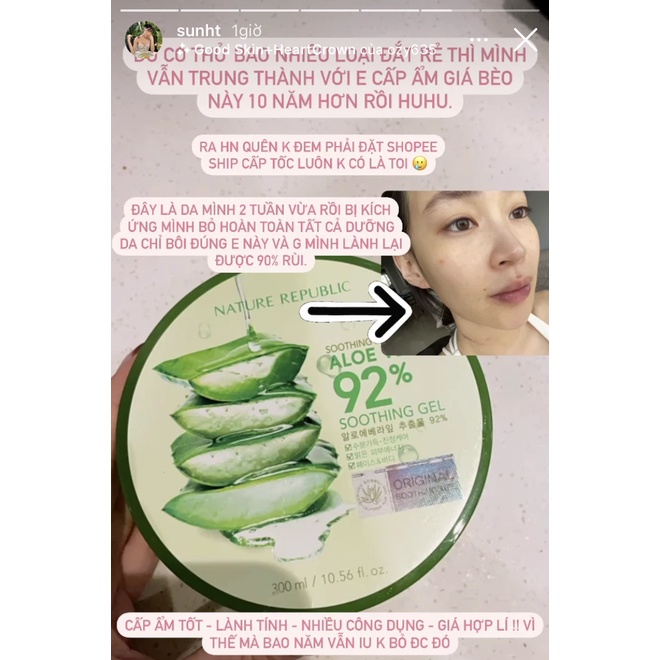 Gel Dưỡng Ẩm Nature Republic Chiết Xuất Lô Hội 300ml Soothing &amp; Moisture Aloe Vera 92% Soothing Gel