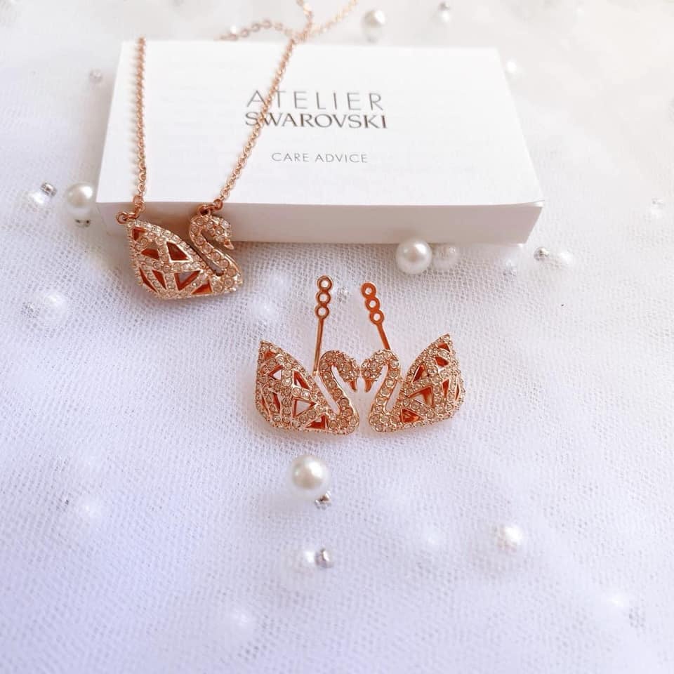 Khuyên tai nữ, trang sức swarovski thiên nga dáng lưới màu vàng hồng đeo 2 kiểu, tinh tế fullbox_thien_nga_viet_nam