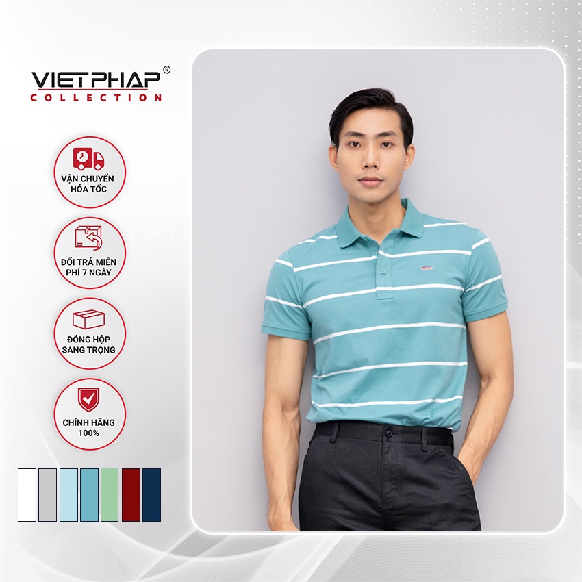 Áo Thun  Nam Tay Ngắn Sọc Cao Cấp  Việt Pháp 2012. Vải Cotton TC Thấm Hút Mồ Hôi, Chống Nhăn -HÀNG CHÍNH HÃNG