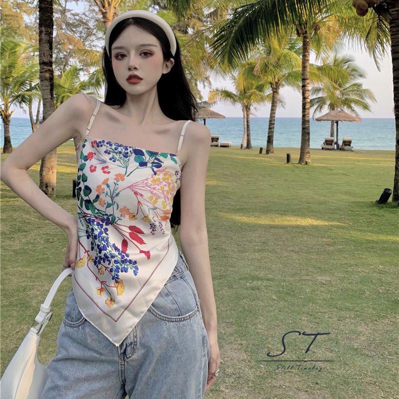 Áo dây nữ cộc tay hở lưng in hoa thời trang