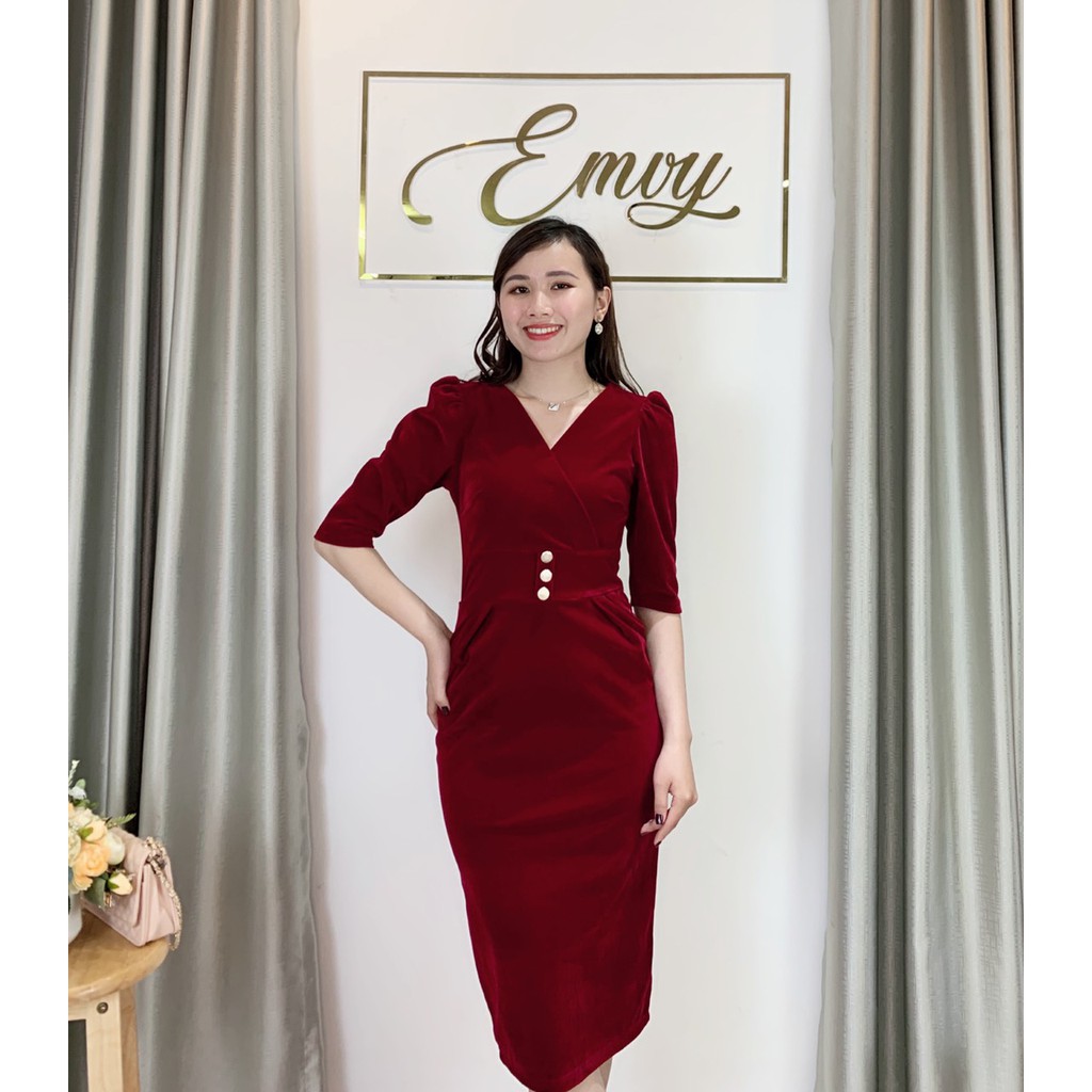 [Mã WASTGO hoàn 10% xu đơn 99k] Váy nhung Thiết kế cổ V tay bồng Emvy - V92 | BigBuy360 - bigbuy360.vn