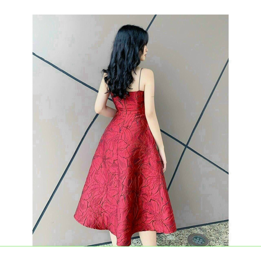 Đầm gấm hoa 2 dây dáng xòe ChemMix thiết kế tiểu thư siêu sang cho nàng dự tiệc, dạ hội