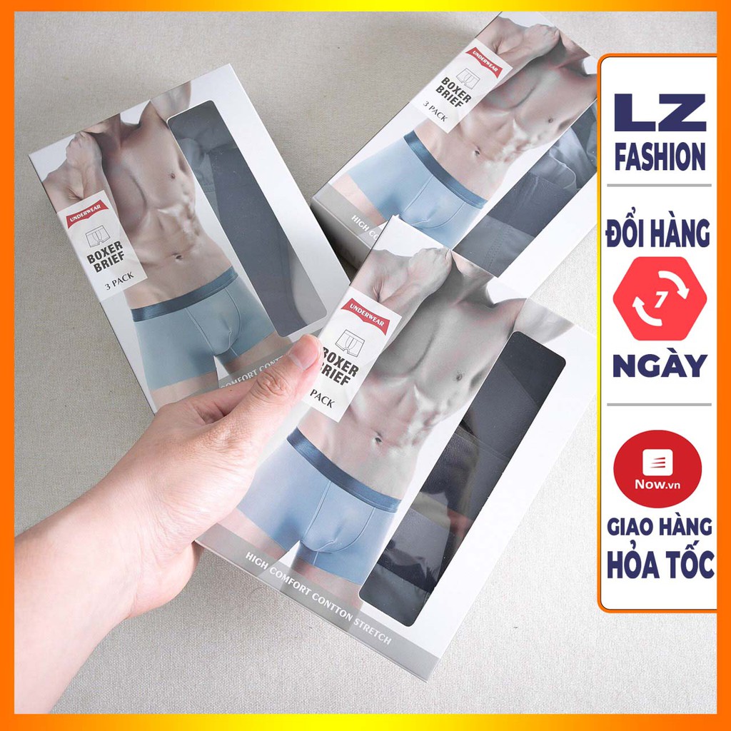 HỘP 3 QUẦN LÓT BOXER NAM TRƠN CHẤT COTTON BO LƯNG THOẢI MÁI, 3 MÀU NGẪU NHIÊN - LZ FASHION - QS015