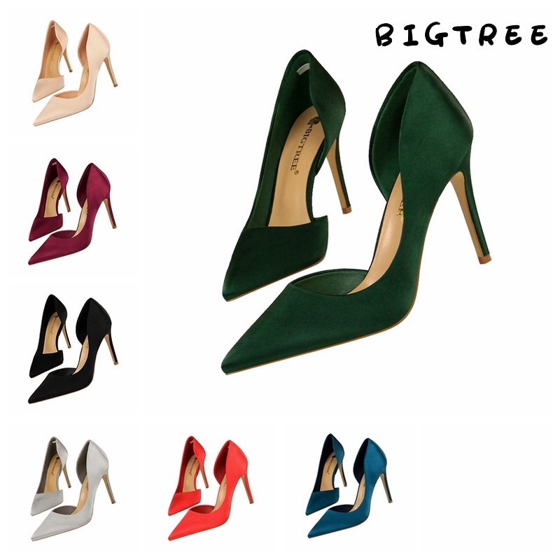 BIGTREE Chính Hãng Giày Cao Gót 9.5cm Mũi Nhọn Chất Liệu Satin Phong Cách Retro Cho Nữ Mall-830-3