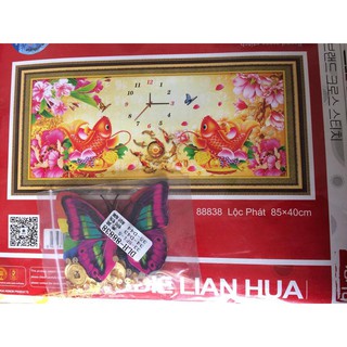 Tranh thêu kèm đá đồng hồ cá chép tài lộc 88838