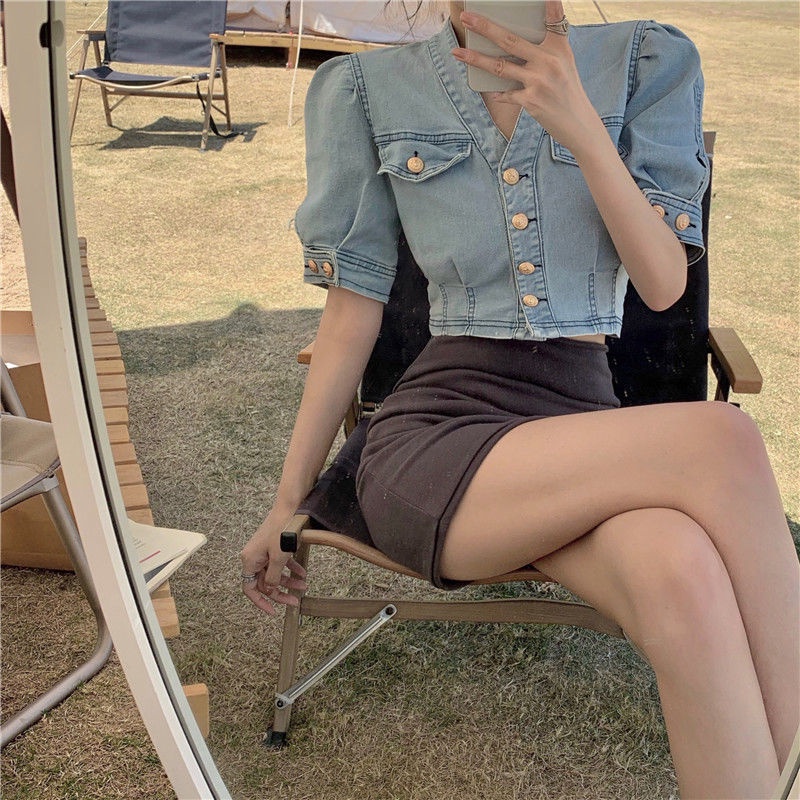 Áo sơ mi jean áo croptop denim dáng hàn quốc V24