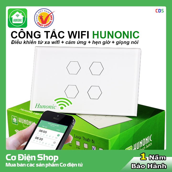 bằng điện thoại HUNONIC 4 Nút màu trắng ⚡️ WIFI + HẸN GIỜ (Công nghệ 4.0)