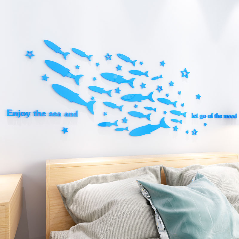 Tranh dán tường mica 3d decor khổ lớn đàn cá bơi về đại dương Nhiều Size - EPeBen