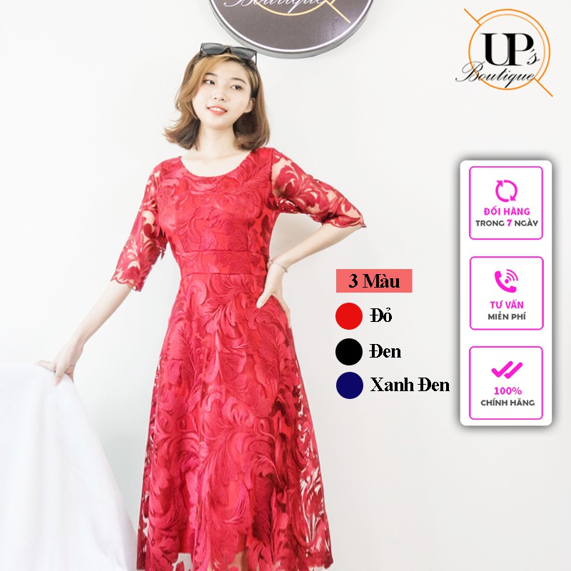 [100% Ren 5D] Đầm Ren Trung Niên Cao Cấp, Tay Lỡ, Thân Áo Xếp Ly, Vải Ren 5D Có Bigsize – UP’s Boutique