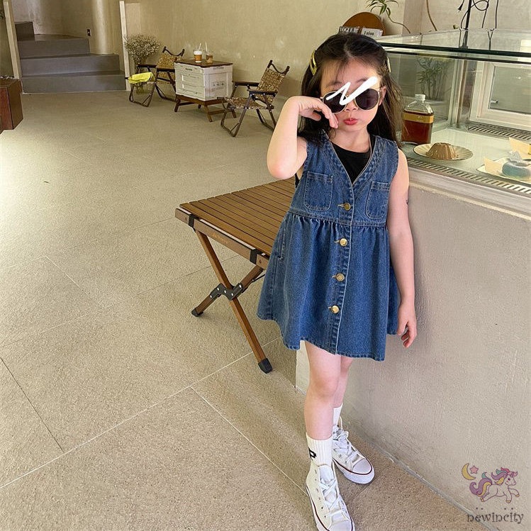 Đầm Denim Sát Nách Phối Túi Phong Cách Retro Hàn Quốc Cho Bé Gái