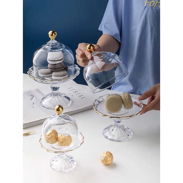 khay bánh thuỷ tinh có nắp đậy đựng bánh ngọt - Bộ chụp bánh decor phòng khách và tiệc