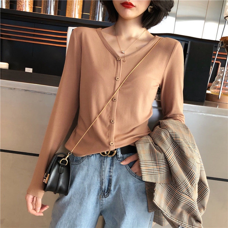 Áo Thun Tay Dài 95% Cotton 2 Lớp Phong Cách Hàn Quốc Cho Nữ