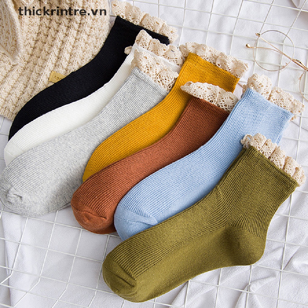 Vớ Cotton Phối Ren Nhún Bèo Màu Trắng Trơn Phong Cách Mary Jane Nhật Bản Dễ Thương Thời Trang Cho Nữ