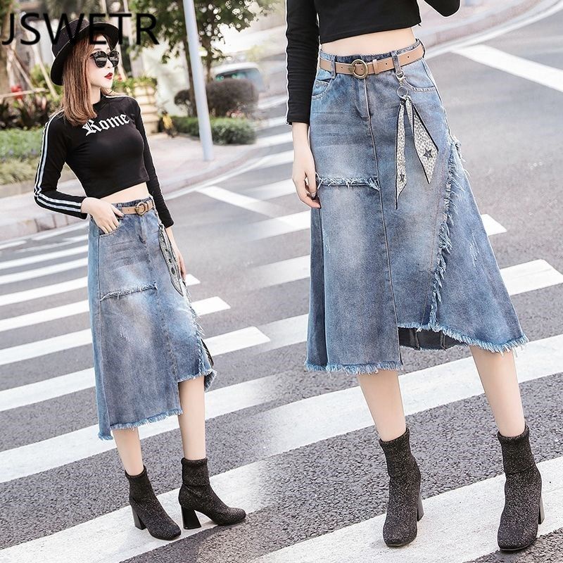 Chân váy jean dài lưng cao thời trang xuân hè dành cho nữ