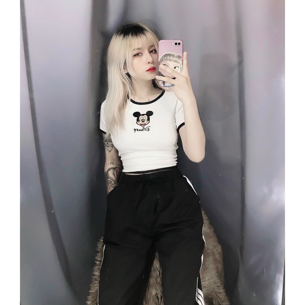 Áo croptop viền màu đen in hình chuột xinh chất bozip đẹp