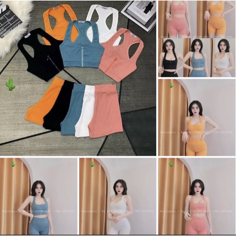 Set áo zip dây kéo + quần ôm lưng cao siêu xinh, chất thun gân co giãn tập gym được