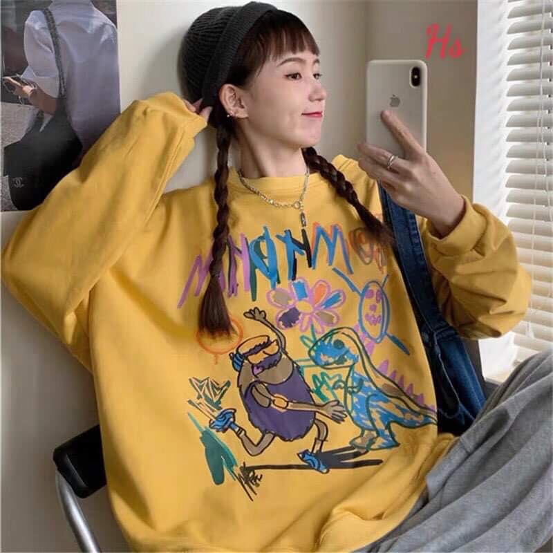 áo nỉ bông cổ tròn dài tay dáng rộng sweater vẽ khủng long người tiền sử Hs TC