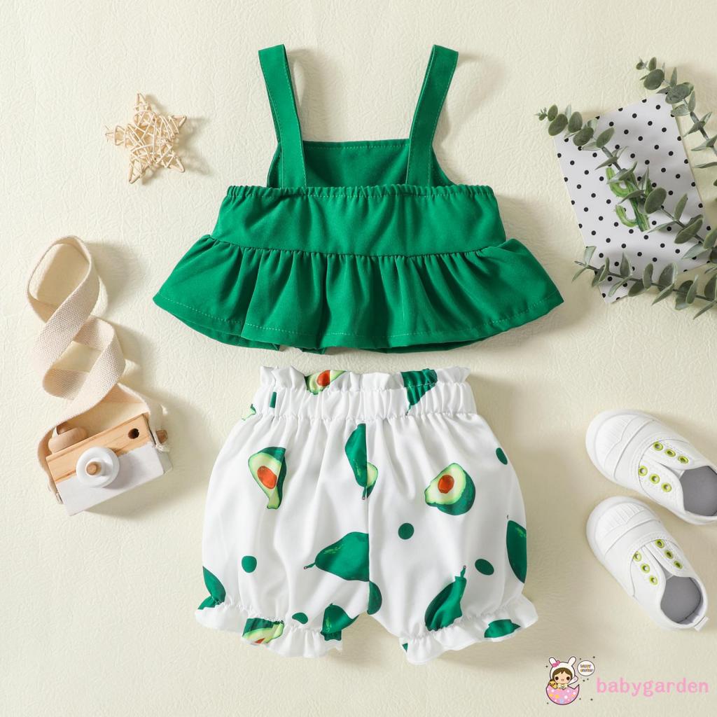 Set Đồ 2 Mảnh Gồm Áo Không Tay Màu Trơn Diềm Xếp Nếp In Hình Quả Bơ + Quần Ngắn Lưng Thun Cho Bé Gái 6 Tháng Tuổi 4 Tuổi