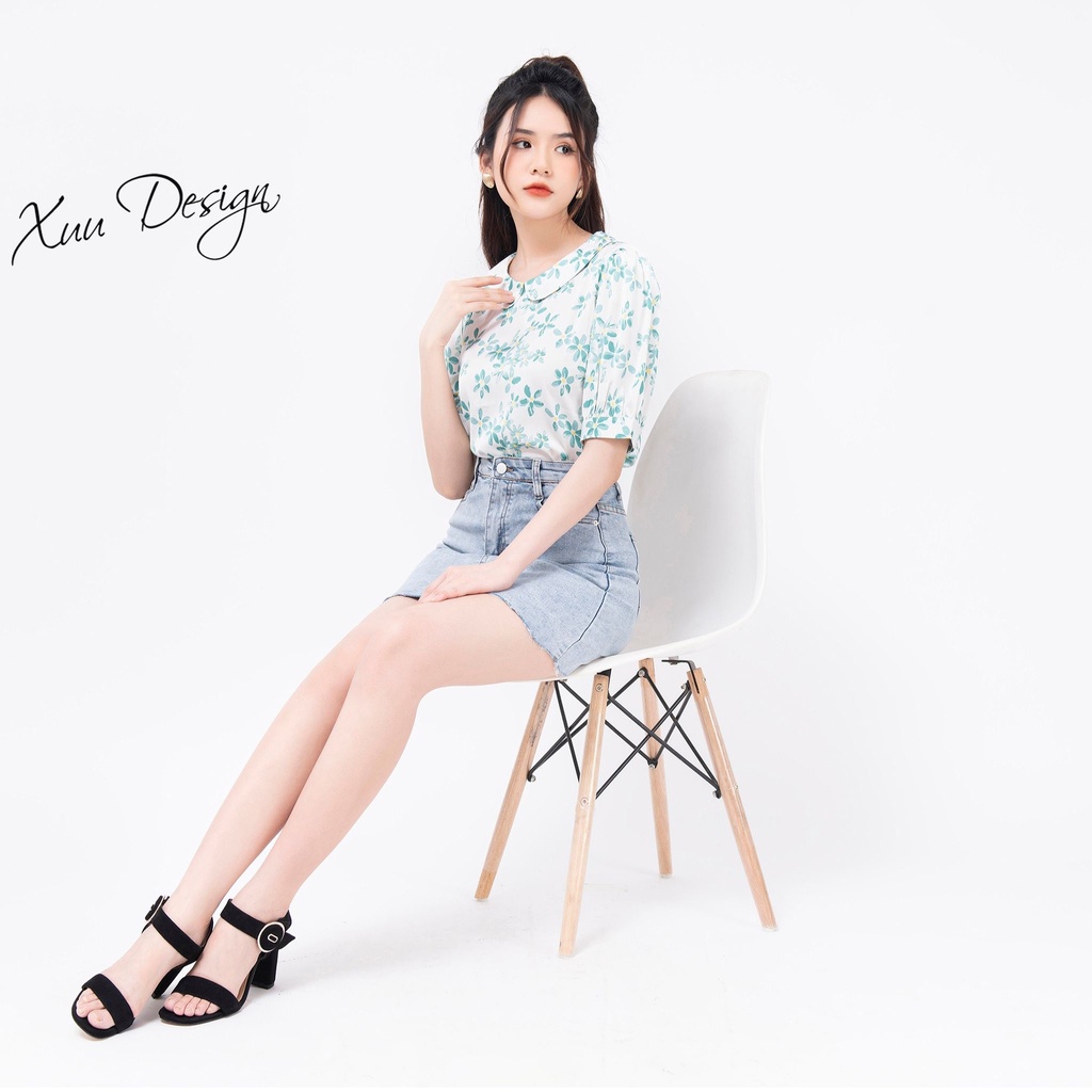 Áo sơ mi nữ thiết kế tay lỡ Xuu, họa tiết hoa xanh mềm mát trẻ trung - Xu14