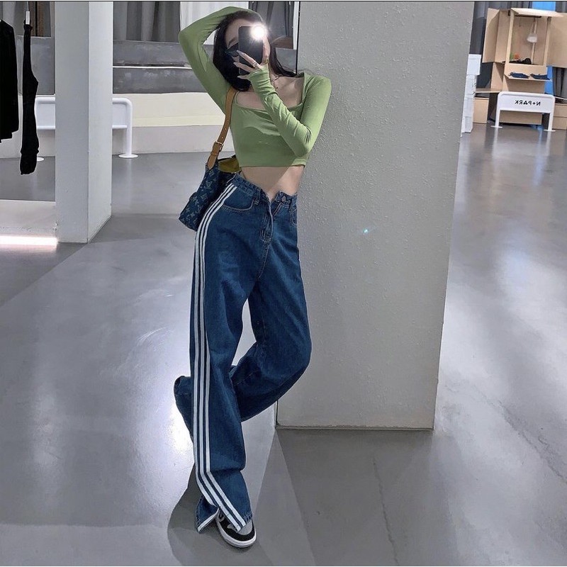 Quần Jeans Dài 3 Sọc Trắng Và Áo Tube Đen Nút Hot Trend [AdorablexBeautiful]
