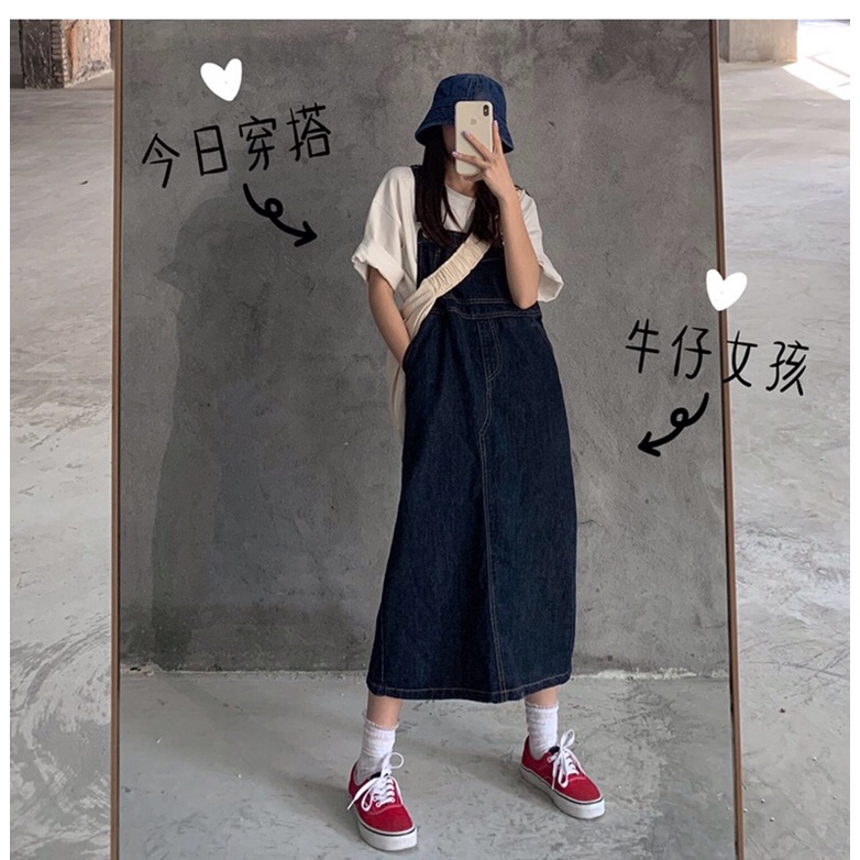 (Ảnh thật cuối post) Váy yếm jeans xanh than freesize Ulzzang hàn quốc