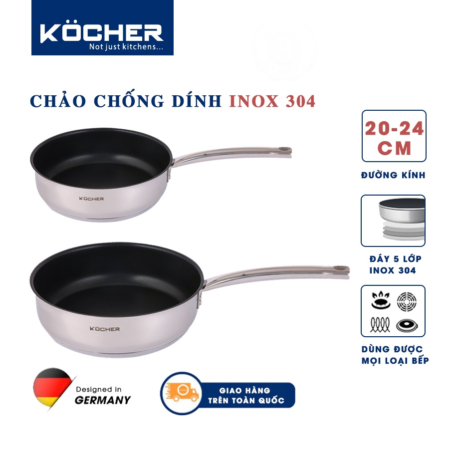 COMBO 2 chảo chống dính inox 304 5 đáy cao cấp KOCHER dùng được cho mọi loại bếp