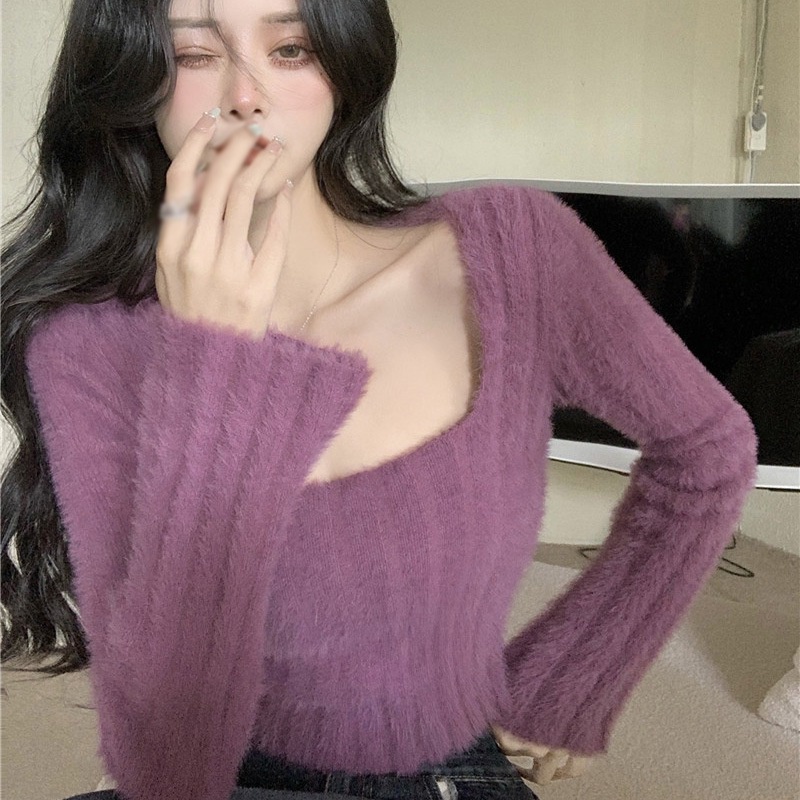 Áo Croptop Dệt Kim Tay Dài Cổ Vuông Màu Sắc Trơn Phong Cách Hàn Quốc Thời Trang Cho Nữ