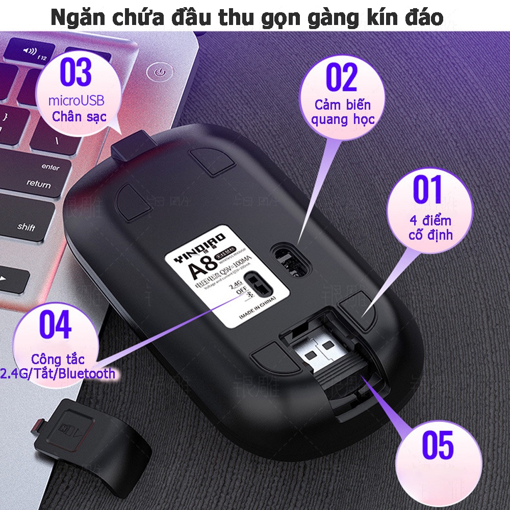 Chuột máy tính không dây dùng sạc pin thông minh với 3 chế độ chỉnh độ nhạy A8