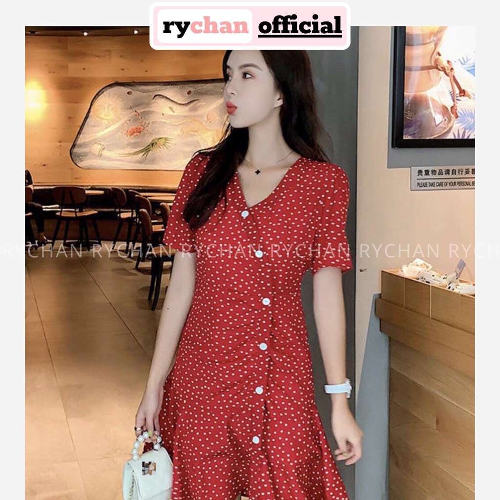 DX186 - Đầm Xòe Bi Đỏ Nút Chéo Đuôi Bèo Cổ V Tay Ngắn Thanh Lịch Thục Nữ