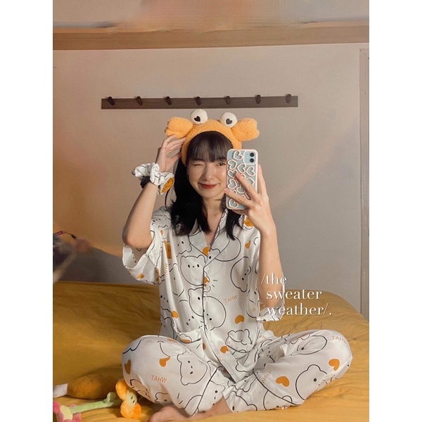 BỘ ĐỒ NGỦ SET PIJAMA QUẦN DÀI form rộng tay lỡ tặng kèm scrunchies, bộ ngủ dài (Ảnh thật) | BigBuy360 - bigbuy360.vn
