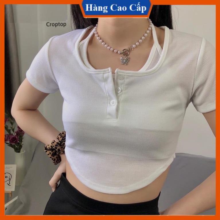 Áo croptop nữ ngắn tay cổ giả yếm Xinh 24 - Áo Kiểu Nữ ôm body Vạt Bầu Chất Thun Gân Mềm Mịn !