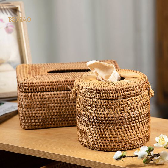 Hộp đựng giấy ăn BEMIAO, hộp mây tre đan đựng đồ đa năng, trang trí phòng khách | Khay đựng giấy ăn vintage