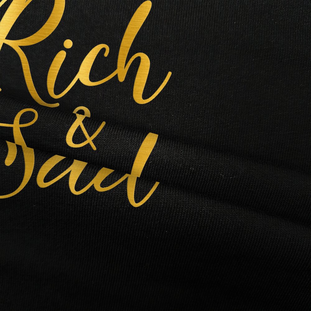 Áo thun nữ basic in nhũ vàng phông cotton mát tay dài typo giàu và buồn rich and sad MVR KK3762