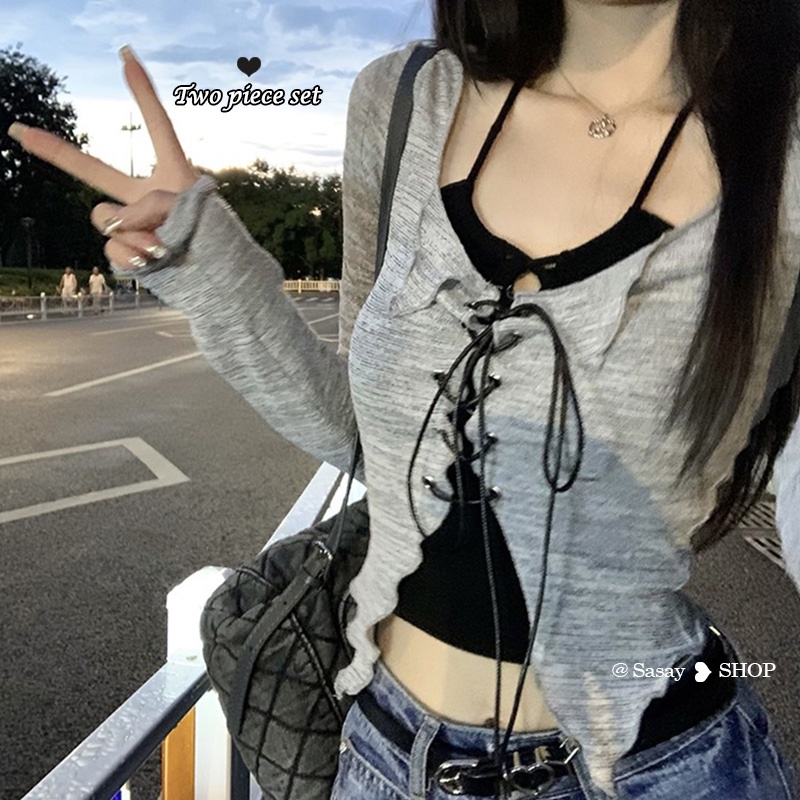 QADCOL Set Áo cardigan Hai Dây Dệt Kim Mỏng Và Áo Thun Thiết Kế Ngọt Ngào Thời Trang Mùa Thu Cho Nữ