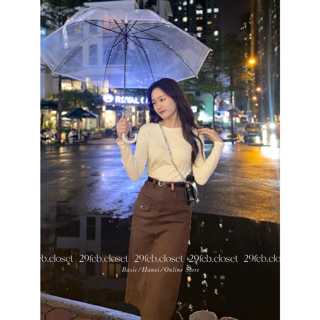 Chân váy jeans dáng dài xẻ sau kem thắt lưng - 29feb.closet - CV13