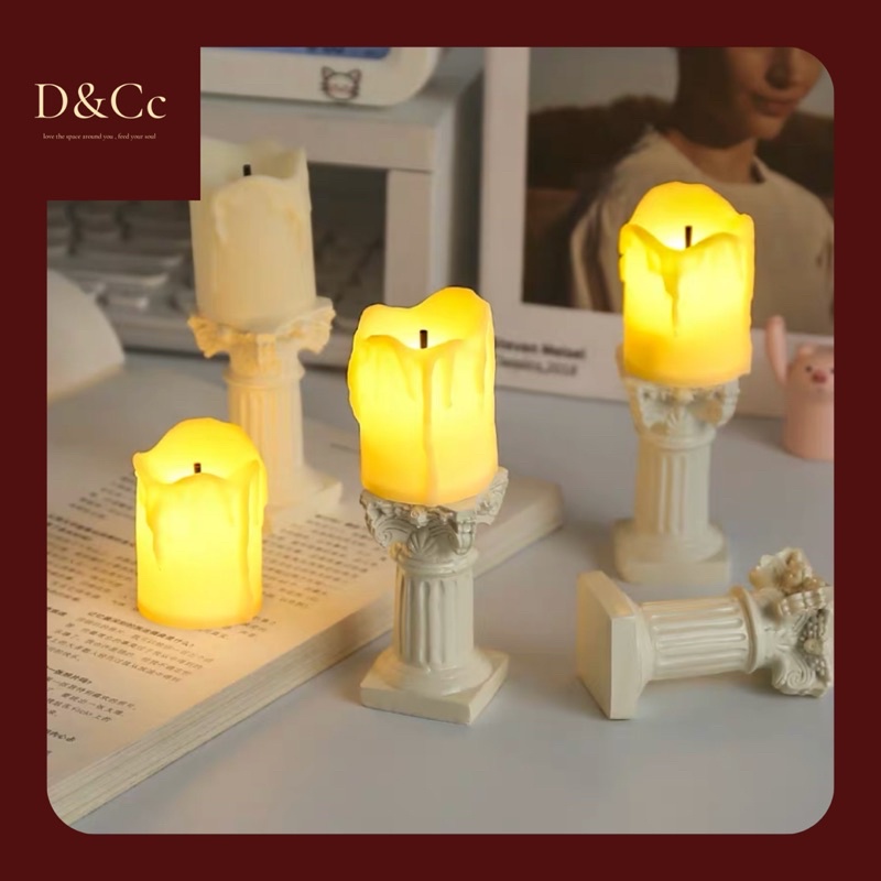 Nến điện tử tim lắc độc đáo, tạo hình sáp chảy có kèm đế/giá đỡ nến mô phỏng nghệ thuật La Mã - D&Cc