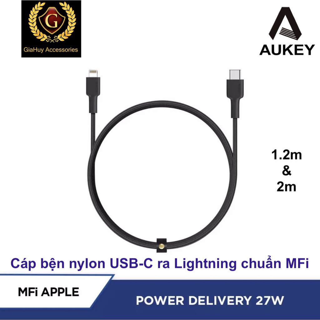 Cáp USB-C ra Lightning bện Nylon AUKEY CB-CL1/2 chuẩn Apple MFi - dài 1.2m & 2m