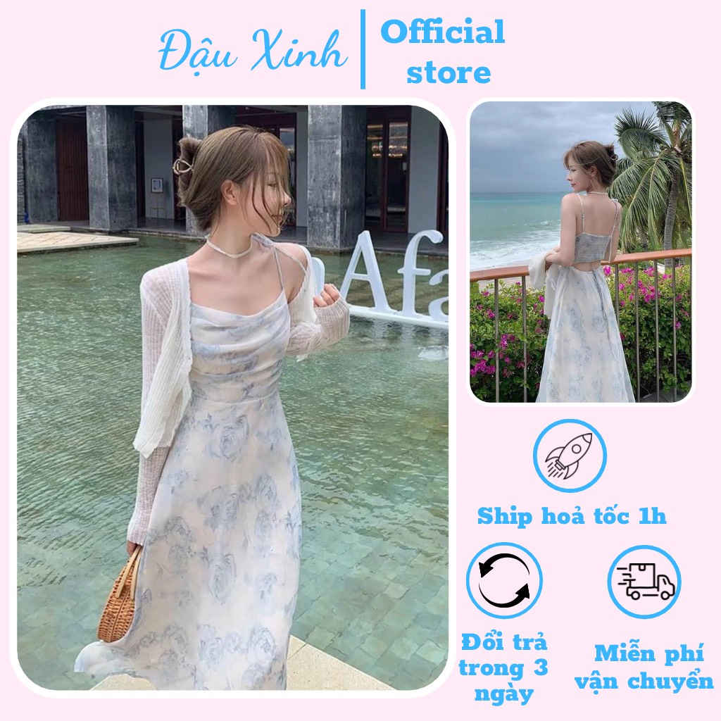 Đầm đi biển váy ngắn hoa xanh hai dây dáng xòe shop Đậu Xinh - V537