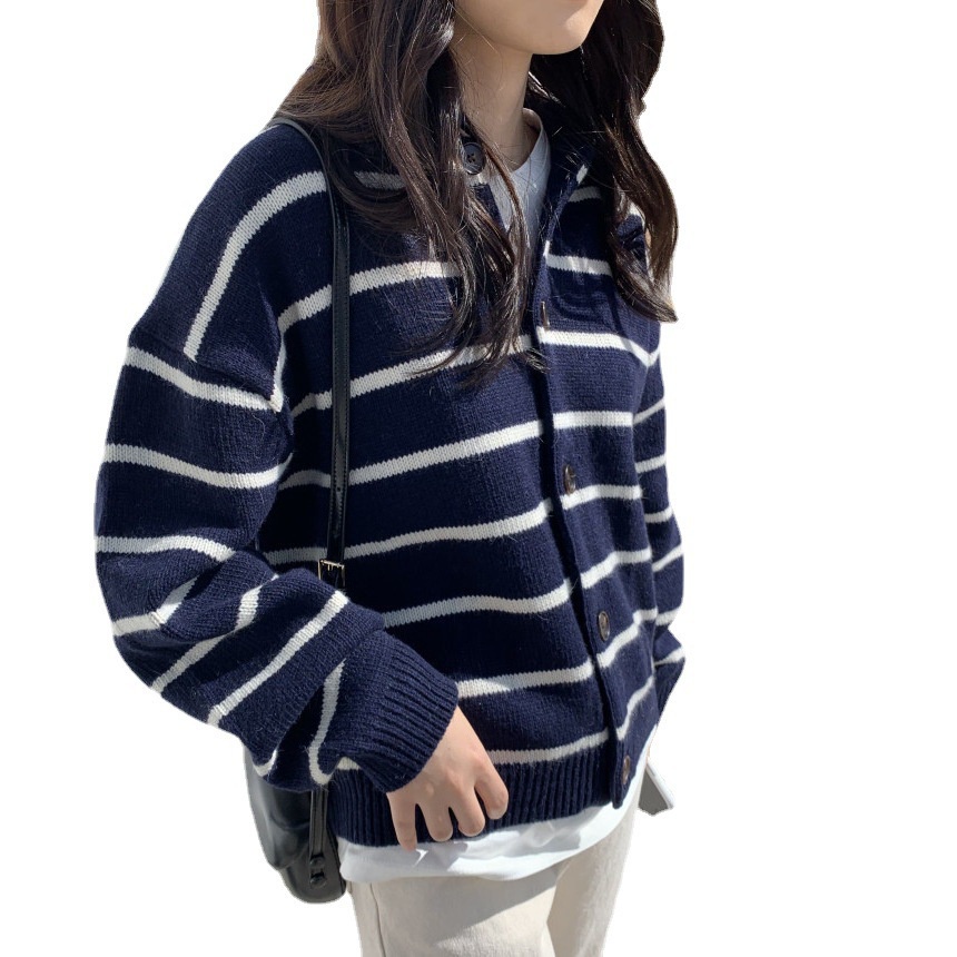 Áo Khoác Cardigan Dệt Kim Cổ Bẻ Dáng Rộng Kẻ Sọc Kiểu Retro Phương Tây Thời Trang Thu Đông 2022 Cho Nữ