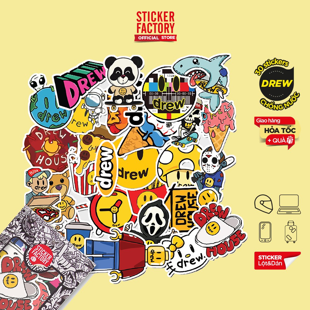 Hộp set 30 sticker decal hình dán nón bảo hiểm , laptop, xe máy, ô tô STICKER FACTORY - Drew