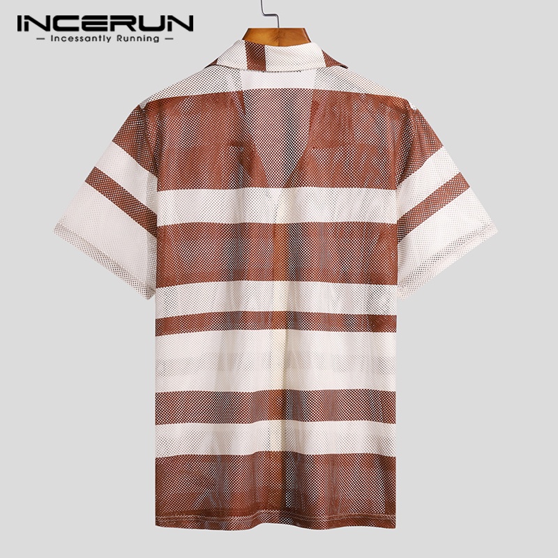 INCERUN Áo Sơ Mi Tay Ngắn Họa Tiết Kẻ Sọc Nhiều Màu Sắc Thiết Kế Thoải Mái Thời Trang Cho Nam