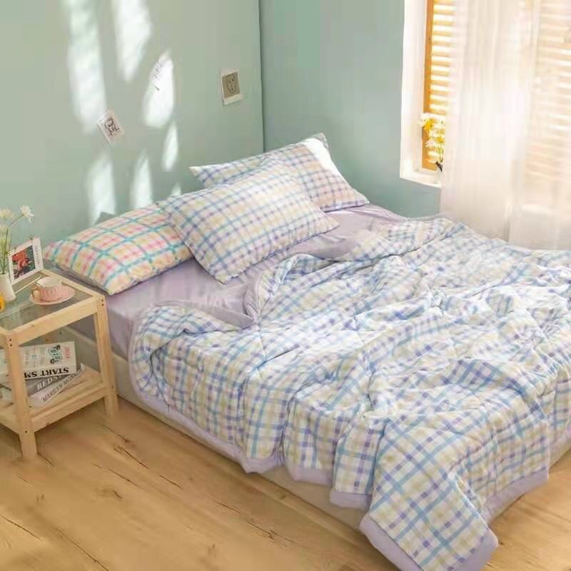 Bộ Chăn Ga Gối Cotton Đũi Kẻ Muji - Chăn Hè Chần Bông Mỏng Kích Thước 2mx2m3 Full Set 4 Món